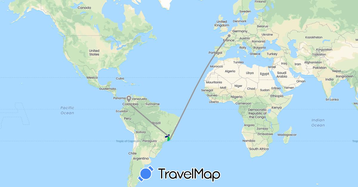 TravelMap itinerary: driving, bus, plane, boat in Brazil, Colombia, France (Europe, South America)